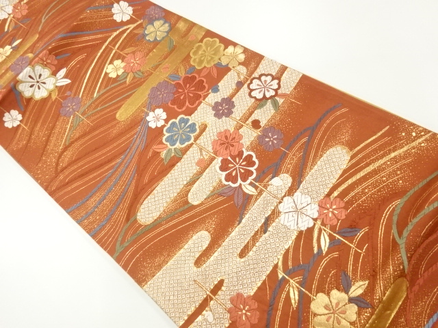 ヱ霞に枝垂れ桜模様織出し袋帯